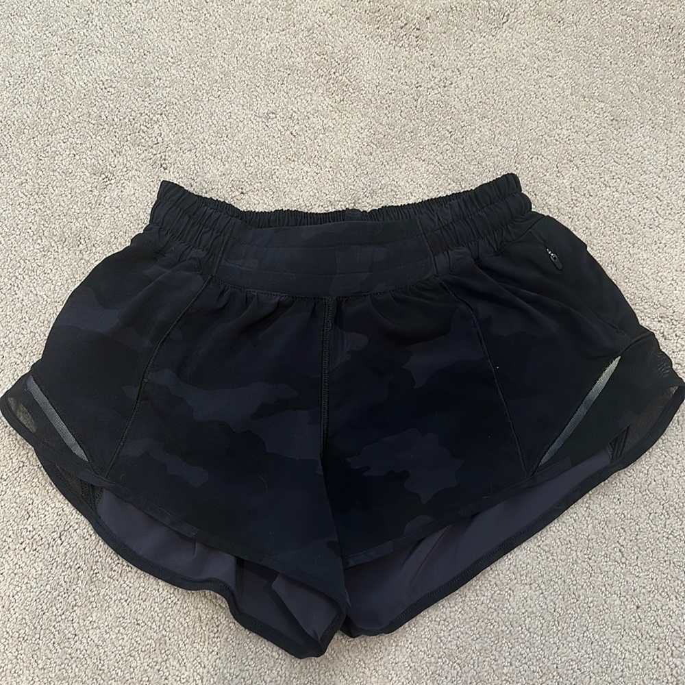 Lululemon Hotty Hot low rise shorts, 2.5 inch length. size 4. Black camo